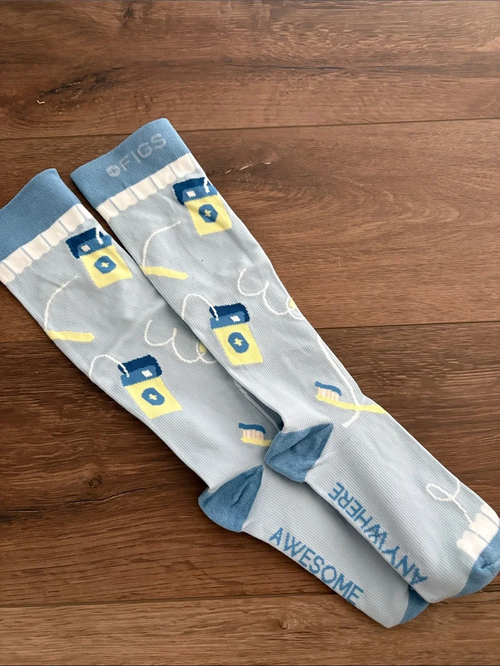 Figs Light Blue Crew Socks with Dental Care Print- New without tags